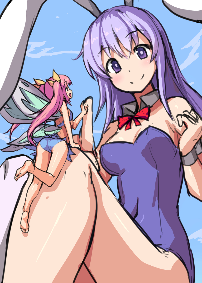 2girls animal_ears ass barefoot bow bowtie breasts bunny_day cleavage closed_mouth covered_navel detached_collar ebizome erina_(rabi-ribi) fairy happy highres leotard light_purple_hair long_hair medium_breasts midriff mini_person minigirl multiple_girls pink_hair playboy_bunny purple_eyes purple_leotard rabbit_ears rabbit_girl rabbit_tail rabi-ribi ribbon_(rabi-ribi) sitting sketch smile soles strapless strapless_leotard tail toes very_long_hair wrist_cuffs