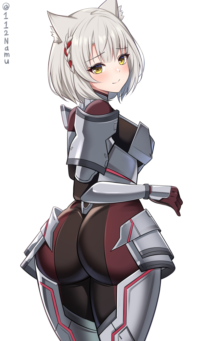 1girl animal_ears armor artist_name ass ass_focus blush bodysuit breastplate breasts cat_ears cosplay embarrassed from_behind gloves grey_hair highres huge_ass looking_at_viewer looking_back m_(xenoblade) m_(xenoblade)_(cosplay) medium_breasts mio_(xenoblade) namu_(112namu) short_hair sideboob skin_tight smile solo white_hair wide_hips xenoblade_chronicles_(series) xenoblade_chronicles_3 yellow_eyes