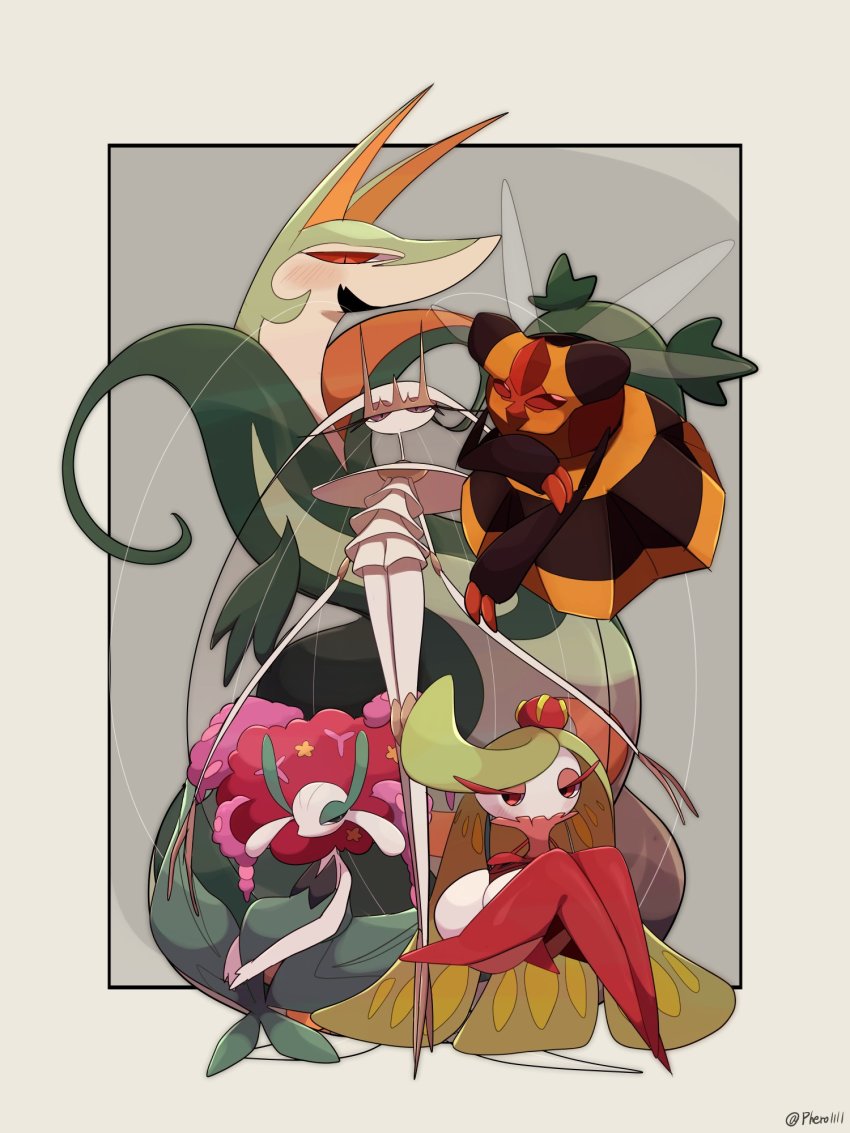 a-nya blush border commentary_request florges florges_(red_flower) gen_4_pokemon gen_5_pokemon gen_6_pokemon gen_7_pokemon highres looking_at_viewer nintendo no_feet open_mouth outside_border pheromosa pokemon pokemon_(creature) red_eyes serperior signature smile standing tsareena ultra_beast vespiquen white_border
