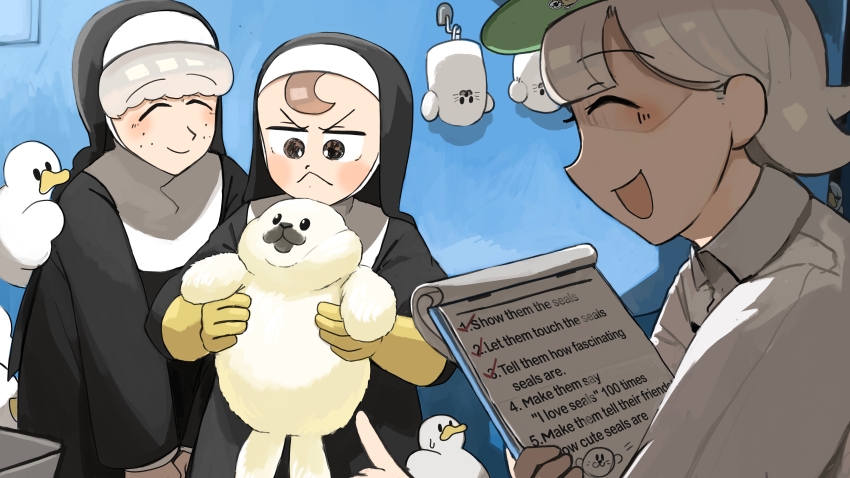 3girls :&lt; :d absurdres bird brown_eyes brown_hair closed_eyes commentary diva_(hyxpk) donut_stamp duck english_commentary freckles froggy_nun_(diva) green_hat grey_hair hat highres holding holding_notepad little_nuns_(diva) multiple_girls notepad nun open_mouth seal_(animal) seal_keeper_(diva) shaded_face sheep_nun_(diva) shirt short_hair smile traditional_nun white_shirt zoo zookeeper zookeepers_(diva)