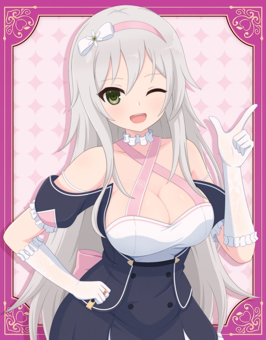 1girl ;d absurdres assault_lily back_bow bare_shoulders black_shirt black_skirt border bow breasts buttons cleavage collar collarbone commentary_request cowboy_shot criss-cross_halter elbow_gloves flower frilled_collar frilled_gloves frilled_sleeves frills gloves green_eyes grey_hair hair_between_eyes hair_bow hair_flower hair_ornament hairband halter_shirt halterneck hand_on_own_hip hand_up haniwa_(kiminozorazio) hayakawa_yahiro heart high-waist_skirt highres index_finger_raised jewelry large_breasts light_blush long_hair looking_at_viewer one_eye_closed open_mouth ornate_border outside_border pink_background pink_border pink_bow pink_hairband ring shirt short_sleeves skirt smile solo sparkle_background standing teeth two-tone_shirt upper_teeth_only very_long_hair white_background white_collar white_flower white_gloves