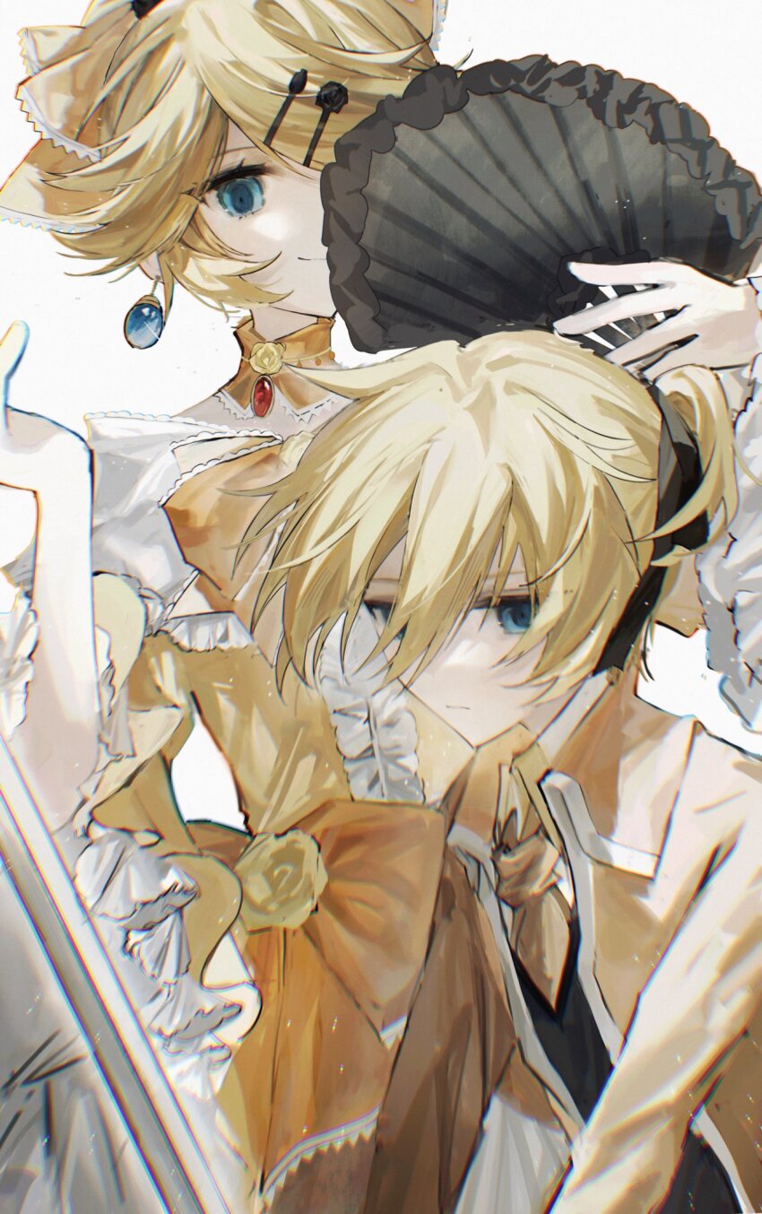ahoge aku_no_meshitsukai_(vocaloid) aku_no_musume_(vocaloid) allen_avadonia ascot black_flower black_ribbon black_rose black_vest blonde_hair blue_eyes blue_gemstone bow brooch brother_and_sister brown_ascot choker coat collared_coat collared_jacket covering_face covering_one_eye dress earrings empty_eyes evil_eyes evil_smile evillious_nendaiki expressionless faux_traditional_media flower flower_choker frilled_bow frilled_choker frilled_dress frilled_sleeves frills gem hair_bow hair_ornament hair_ribbon hairclip hand_fan highres holding holding_fan holding_sword holding_weapon jacket jewelry kagamine_len kagamine_rin narrow_waist off-shoulder_dress off_shoulder orange_bow orange_coat orange_jacket pale_skin ponytail red_gemstone ribbon riliane_lucifen_d&#039;autriche rose serious shiruru531 short_ponytail siblings smile swept_bangs sword twins vest weapon wide_sleeves yellow_bow yellow_choker yellow_dress