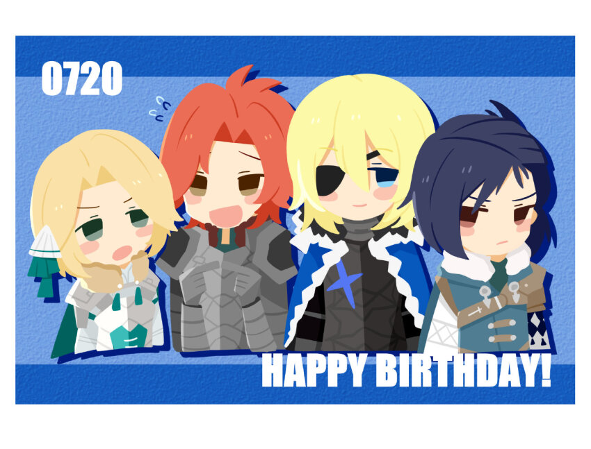 1girl 3boys blonde_hair blue_cape blue_eyes blue_hair brown_eyes cape dimitri_alexandre_blaiddyd dimitri_alexandre_blaiddyd_(timeskip) eyepatch felix_hugo_fraldarius fire_emblem fire_emblem:_three_houses green_eyes ingrid_brandl_galatea mifune_miyu_(weibo_5907079617) multiple_boys nintendo orange_hair sylvain_jose_gautier