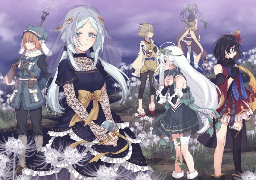 6+girls ahoge aoba_chika aqua_ribbon arm_at_side arm_behind_back back_bow ball bandaged_leg bandages belt black_dress black_gloves black_pants black_scarf black_shirt black_thighhighs blue_bow blue_eyes blue_hair blue_headwear blue_jacket blue_ribbon blue_sash blue_scarf blue_skirt bodystocking boots bow breast_pocket brown_eyes brown_footwear brown_gloves brown_hair brown_leggings brown_pants brown_sash buttons choker clenched_hand closed_mouth cropped_jacket detached_sleeves dress earrings facing_away field fingerless_gloves flower flower_field frilled_dress frilled_kimono frilled_sweater frilled_thighhighs frills fur-trimmed_boots fur-trimmed_footwear fur_hat fur_trim furball gem gloves green_gemstone grey_hair grey_skirt gun hair_between_eyes hair_bun hair_flower hair_ornament hand_on_own_chest hat hiroe_chiharu holding holding_ball holding_weapon in_water jacket japanese_clothes jewelry kimono layered_dress leaf_earrings leggings light_blue_hair light_brown_hair long_hair long_sleeves looking_ahead low-tied_long_hair magia_record:_mahou_shoujo_madoka_magica_gaiden mahou_shoujo_madoka_magica medium_hair miniskirt miura_asahi mole mole_under_eye multiple_girls natsu_ryoko orange_gemstone orange_hair outdoors pants pants_under_skirt parted_bangs partially_submerged pleated_skirt pocket profile purple_belt purple_eyes purple_kimono purple_scarf purple_sky red_flower red_footwear red_kimono ribbon rifle river sandals sash scarf shirt shoes short_hair short_kimono short_sleeves sidelocks single_hair_bun single_thighhigh skirt sky sleeveless sleeveless_jacket sleeveless_kimono sleeveless_shirt sleeves_past_wrists spider_lily standing striped_clothes striped_scarf sweater thighhighs toki_sunao tokime_shizuka twintails ushanka veil very_long_hair weapon white_bow white_flower white_hair white_spider_lily white_thighhighs wide_sleeves wing_hair_ornament yellow_kimono yellow_ribbon yellow_sash yellow_sweater yukishiro_(hitsuji) zouri