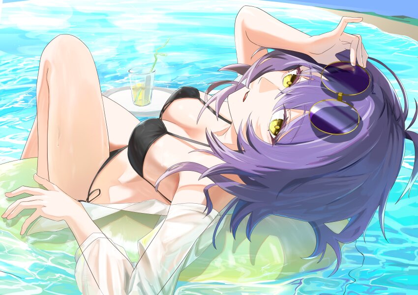 1girl absurdres bare_shoulders beach bikini black_bikini blue_sky breasts cleavage day drinking_straw from_above from_side glass glasses highres large_breasts looking_at_viewer lying ocean on_back on_innertube original outdoors parted_lips purple_hair round_eyewear see-through_clothes short_hair side-tie_bikini_bottom sky solo string_bikini sunglasses swim_ring swimsuit water wet yellow_eyes yonemasakouta
