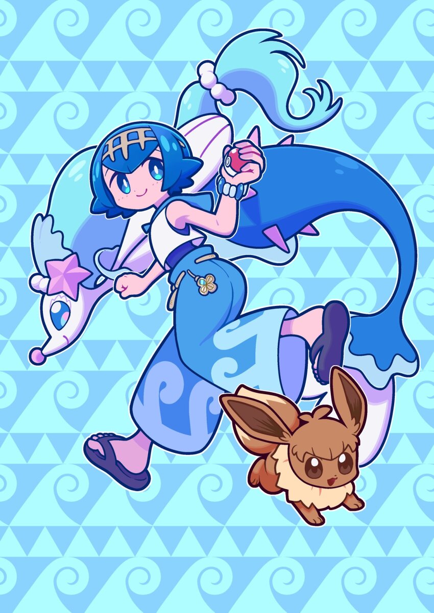 1girl bear_ringer blue_eyes blue_hair blue_pants bracelet bright_pupils clenched_hand closed_mouth commentary_request eevee gen_1_pokemon gen_7_pokemon hairband highres holding holding_poke_ball jewelry lana_(pokemon) nintendo pants poke_ball poke_ball_(basic) pokemon pokemon_(anime) pokemon_(creature) pokemon_sm_(anime) primarina sandals shirt short_hair sleeveless sleeveless_shirt smile swimsuit swimsuit_under_clothes toes wave_print white_pupils white_shirt