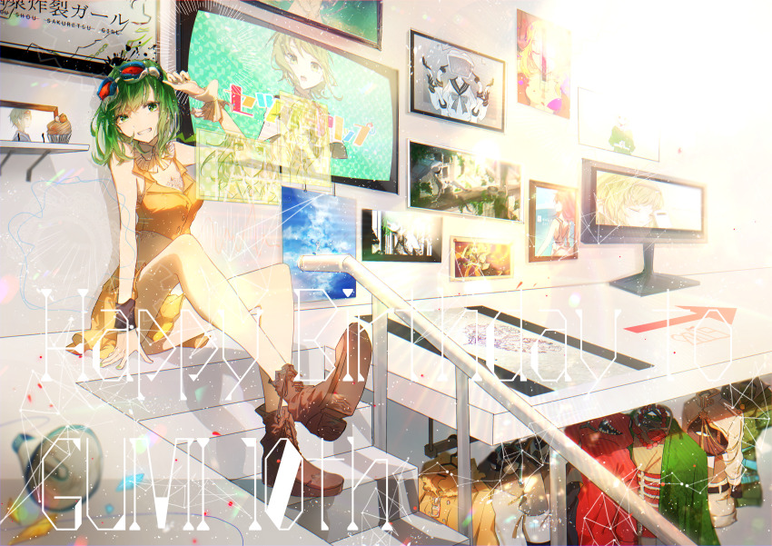 1girl absurdres anniversary birthday blurry blurry_foreground boots brown_boots character_name clothes clothes_hanger commentary crop_top cupcake depth_of_field echo_(vocaloid) eyewear_on_head female_focus food goggles goggles_on_head green_eyes green_hair gumi hand_up handrail happy_birthday highres huge_filesize karanagare looking_at_viewer matryoshka_(vocaloid) megaphone monitor noushou_sakuretsu_girl_(vocaloid) orange_shirt orange_skirt photo_(object) picture_frame shirt sitting skirt smile solo song_request songover stairs vocaloid wide_shot yowamushi_mont-blanc_(vocaloid)