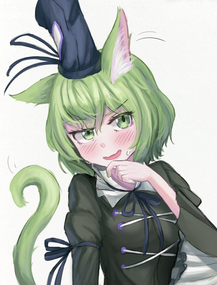 1girl animal_ear_fluff animal_ears black_hat blush cat_ears cat_tail commentary cross-laced_clothes green_eyes green_hair green_nails hat highres long_sleeves looking_at_viewer open_mouth pygrenix short_hair simple_background soga_no_tojiko solo sweatdrop tail tate_eboshi touhou v-shaped_eyebrows white_background