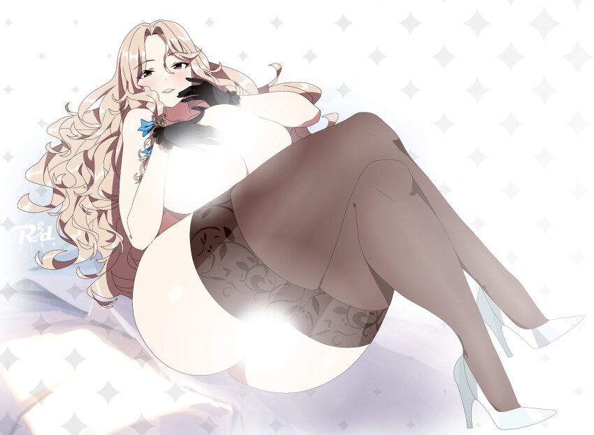 1girl ass black_gloves black_thighhighs blonde_hair blue_ribbon blush breasts brown_eyes brown_thighhighs censored cleavage convenient_censoring gloves goddess_of_victory:_nikke grin hair_ribbon high_heels highres huge_breasts long_hair ludmilla_(nikke) ludmilla_(winter_owner)_(nikke) official_alternate_costume parted_bangs r3dfive ribbon smile solo thighhighs