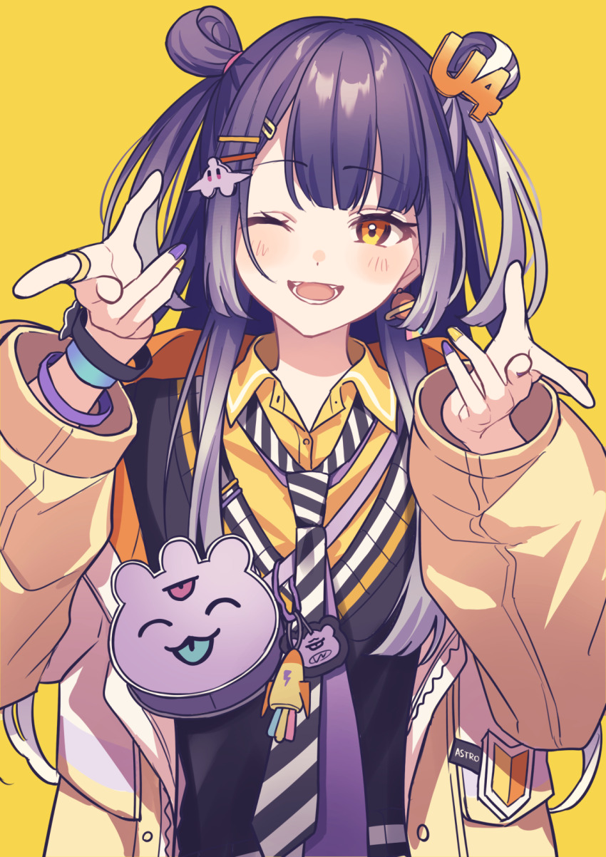 1girl ;d aged_down black_hair bracelet commentary_request double_bun gradient_hair grey_hair hair_bun hair_ornament hairclip highres jacket jewelry long_hair lq_saku multicolored_hair necktie nijisanji one_eye_closed open_clothes open_jacket open_mouth purple_bag purple_nails simple_background smile solo ufo_hair_ornament umise_yotsuha umise_yotsuha_(1st_costume) virtual_youtuber yellow_background yellow_eyes yellow_jacket yellow_nails