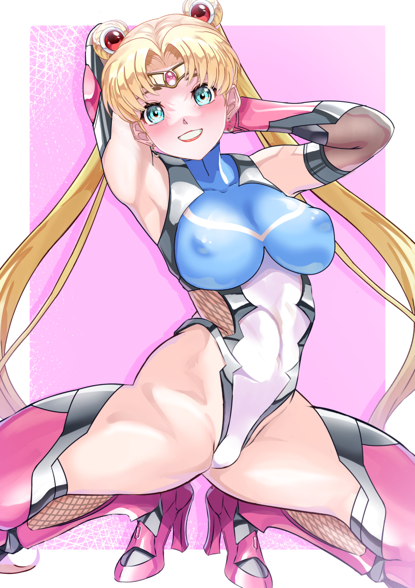 1girl absurdres aqua_eyes arion_canvas armpits bishoujo_senshi_sailor_moon blonde_hair blush bodysuit boots breasts covered_erect_nipples double_bun elbow_gloves gloves hair_bun highres large_breasts long_hair looking_at_viewer magical_girl sailor_moon skin_tight smile solo taimanin_(series) taimanin_suit twintails very_long_hair