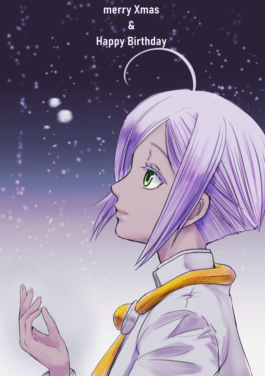 1girl ahoge aria_(manga) athena_glory blue_background capelet closed_mouth dark-skinned_female dark_skin eyelashes from_side gradient_background green_eyes grey_background hand_up happy_birthday highres looking_to_the_side merry_christmas necktie orange_planet_uniform parted_bangs portrait purple_hair short_hair sidelocks snowing solo telaform white_capelet yellow_necktie