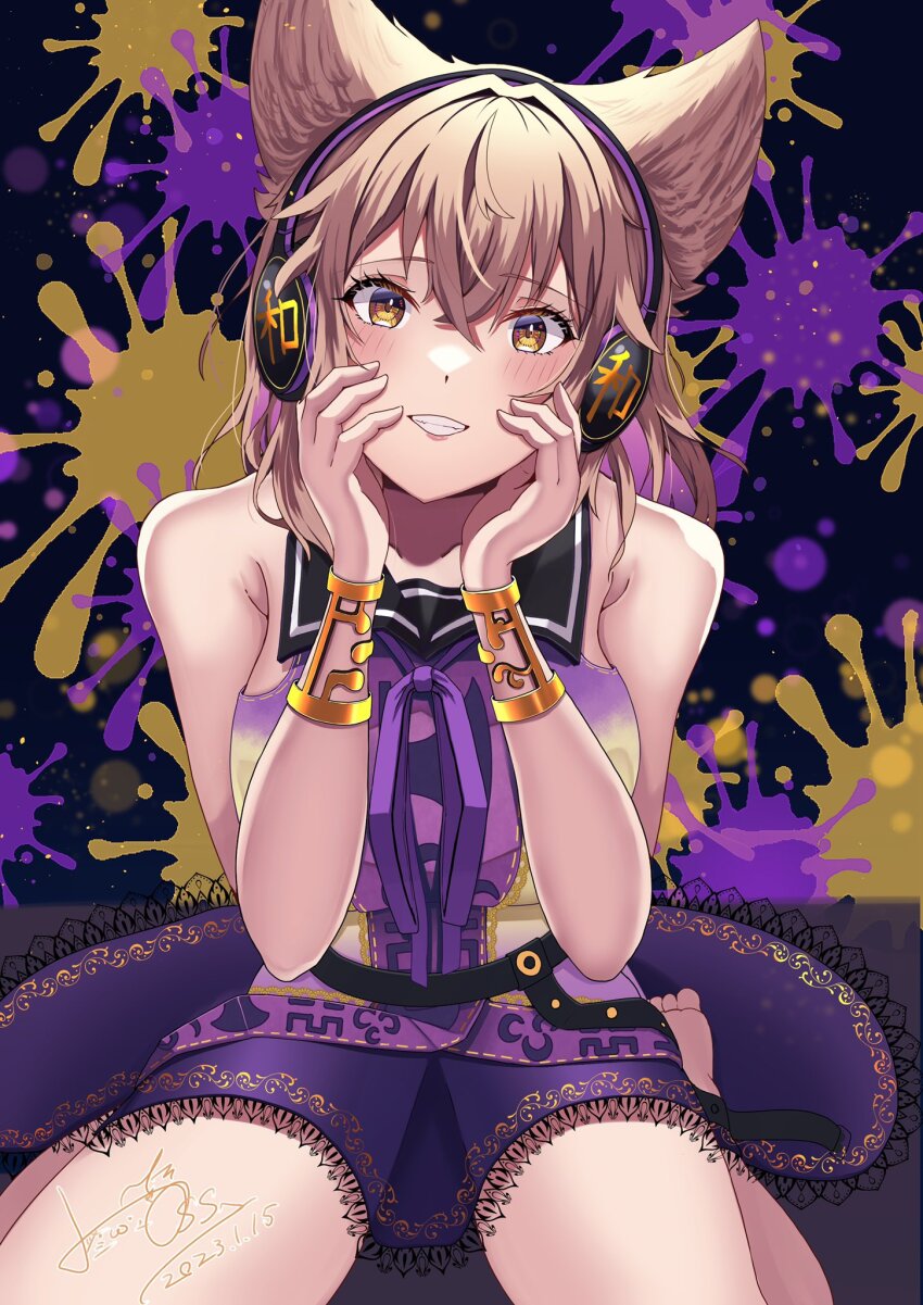 belt black_belt black_sailor_collar bracelet breasts brown_eyes earmuffs highres hossy jewelry light_brown_hair looking_at_viewer pointy_hair purple_skirt sailor_collar shirt short_hair skirt sleeveless sleeveless_shirt small_breasts smile touhou toyosatomimi_no_miko yellow_eyes