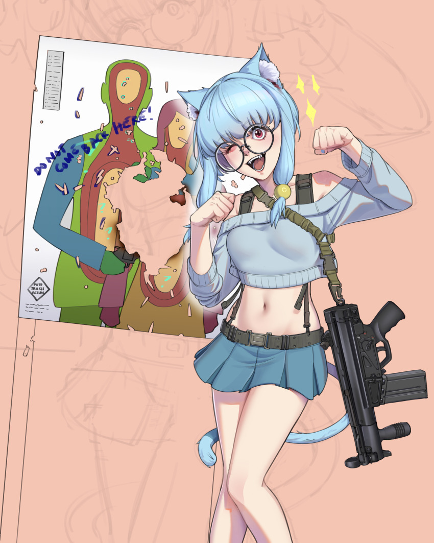 1girl absurdres animal_ears artist_name battle_rifle blue_hair blue_nails blue_sweater carbine cat_ears cat_girl cat_tail commentary cowboy_shot cropped_sweater english_commentary english_text fangs glasses gun gun_sling h&amp;k_hk51 highres keiko_(puto_trash) looking_at_viewer midriff off-shoulder_sweater off_shoulder one_eye_closed open_mouth original paw_pose pleated_skirt puto_trash red_eyes rifle round_eyewear short-barreled_rifle sidelocks silhouette_target skirt sweater tail target teeth weapon