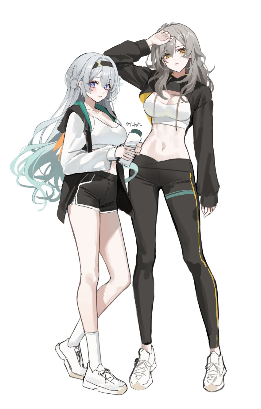 2girls absurdres alternate_costume aqua_hair black_hairband black_jacket black_pants black_shorts black_shrug breasts cleavage dolphin_shorts firefly_(honkai:_star_rail) full_body gradient_hair grey_hair hairband highres honkai:_star_rail honkai_(series) jacket long_hair medium_breasts meoyo multicolored_hair multicolored_jacket multiple_girls open_clothes open_jacket pants purple_eyes shoes shorts shrug_(clothing) simple_background socks sports_bra stelle_(honkai:_star_rail) trailblazer_(honkai:_star_rail) two-tone_jacket unfinished white_background white_jacket white_shoes white_socks white_sports_bra yellow_eyes