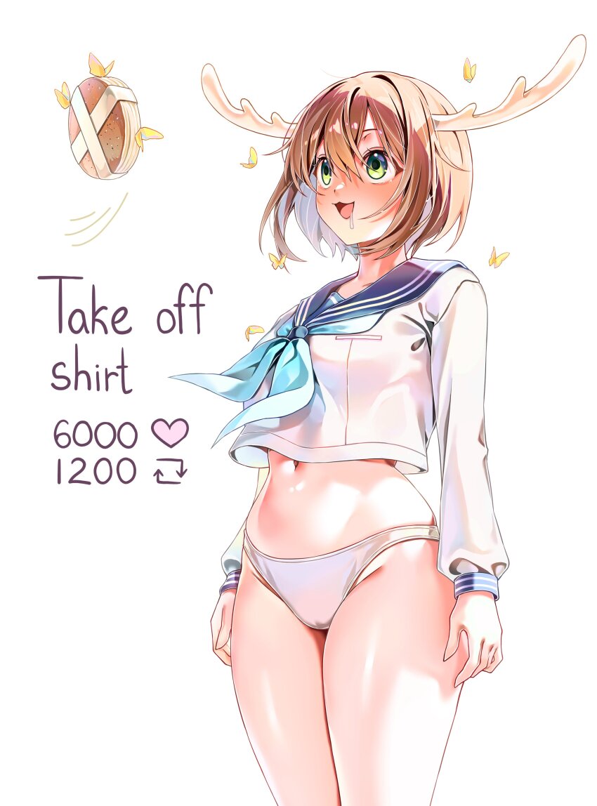 1girl :3 absurdres antlers aqua_neckerchief blue_neckerchief blue_sailor_collar blush brown_hair bug butterfly cameltoe commentary cowboy_shot deer_antlers deer_cracker deer_girl english_commentary english_text green_eyes highres horns insect long_sleeves machulanko navel neckerchief panties sailor_collar saliva school_uniform shikanoko_noko shikanoko_nokonoko_koshitantan shirt short_hair solo standing thighs twitter_strip_game underwear white_panties white_shirt
