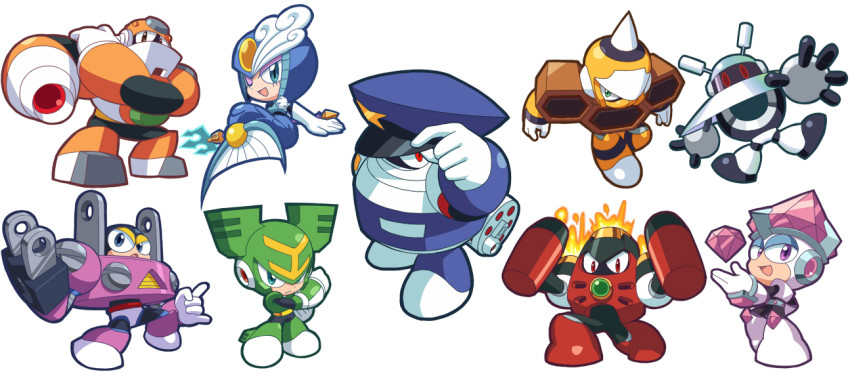 1girl 6+boys chibi concrete_man crystal fake_man fire full_body galaxy_man garrison_cap hat helmet hornet_man jewel_man kin_niku looking_at_viewer magma_man mecha mega_man:_powered_up mega_man_(classic) mega_man_(series) mega_man_9 mermaid monster_girl multiple_boys one_eye_closed plug_man polearm robot serious simple_background smile spikes splash_woman standing tornado_man trident weapon white_background