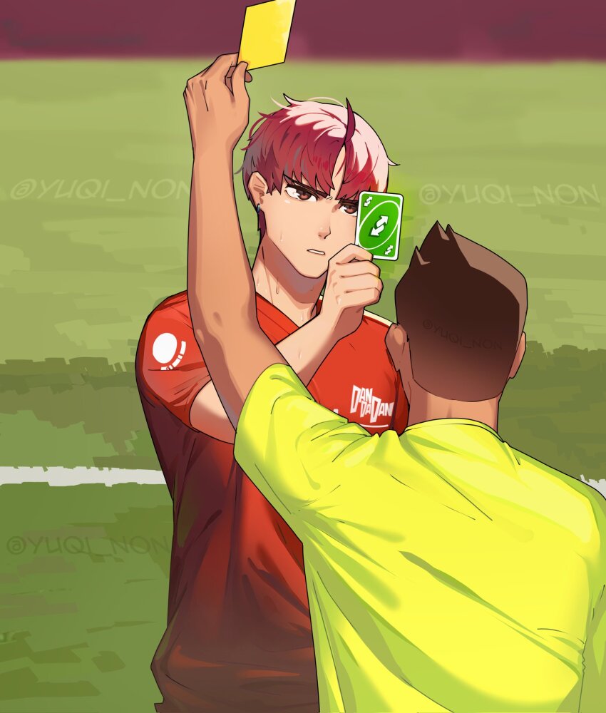 artist_name brown_hair dandadan grass highres holding_yellow_card red_hair red_jersey red_shirt referee shirt soccer_field soccer_uniform sportswear uno_reverse_card watermark yellow_card yellow_jersey yellow_shirt yuqi_non