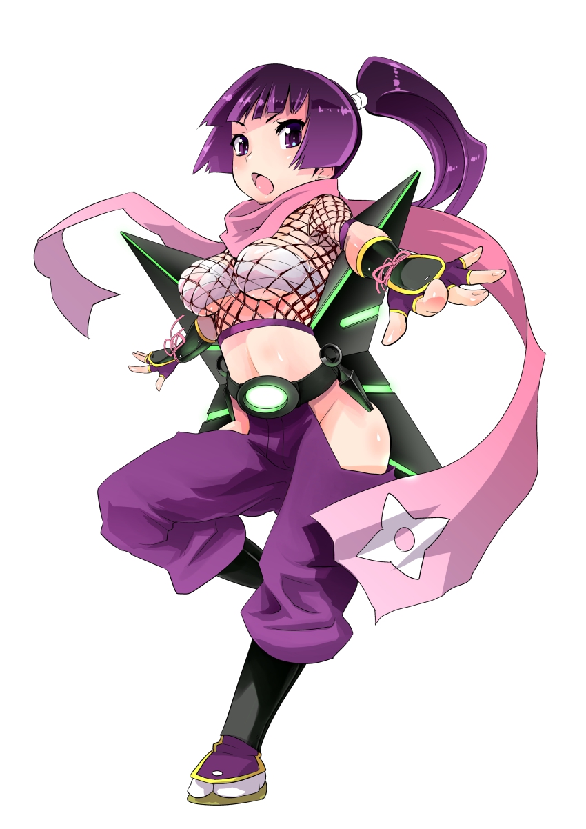 1girl absurdres armor breasts character_request dungeons_&amp;_princess female_focus fishnets full_body greaves highres huge_weapon kunai long_hair ninja ponytail purple_eyes purple_hair sarashi scarf shuriken skindentation solo tabi takashi_moritaka underboob weapon
