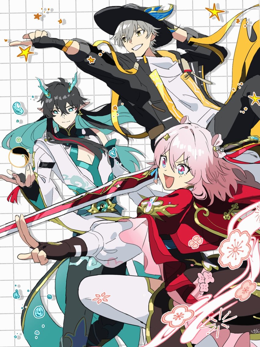 1girl 2boys aqua_horns bell black_coat black_gloves black_hair black_pants caelus_(honkai:_star_rail) chinese_clothes cleavage_cutout clothing_cutout coat dan_heng_(honkai:_star_rail) dan_heng_(imbibitor_lunae)_(honkai:_star_rail) dragon_boy eastern_dragon_horns fingerless_gloves furisode_sleeves gloves green_eyes hair_bell hair_between_eyes hair_ornament highres holding holding_sword holding_weapon honkai:_star_rail honkai_(series) horns jacket jian_(weapon) long_hair long_sleeves march_7th_(honkai:_star_rail) march_7th_(hunt)_(honkai:_star_rail) multicolored_eyes multiple_boys open_clothes open_coat panties pants pink_hair pirohi_(pirohi214) pointy_ears red_jacket shirt short_hair smile star_(symbol) sword trailblazer&#039;s_hat_(honkai:_star_rail) trailblazer_(honkai:_star_rail) two-tone_eyes underwear weapon white_panties white_shirt yellow_eyes