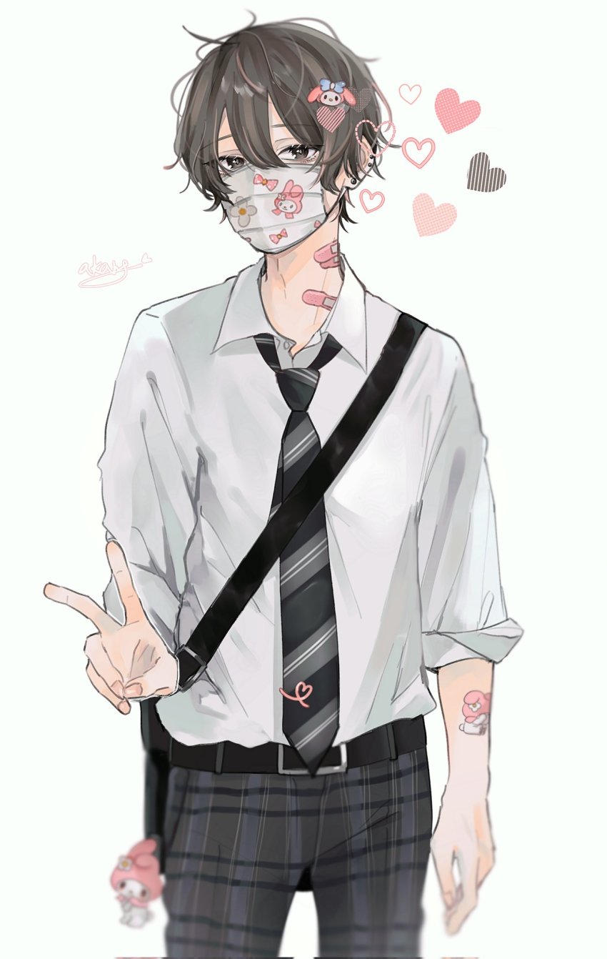 1boy a20190422 artist_name black_neckwear blouse bow_print brown_eyes brown_hair collared_shirt covered_mouth cowboy_shot ear_piercing hair_between_eyes hair_ornament heart highres looking_at_viewer mask mouth_mask my_melody original pants piercing plaid_clothes plaid_pants school_uniform shirt signature solo striped surgical_mask tatto tattoo v white_background white_shirt