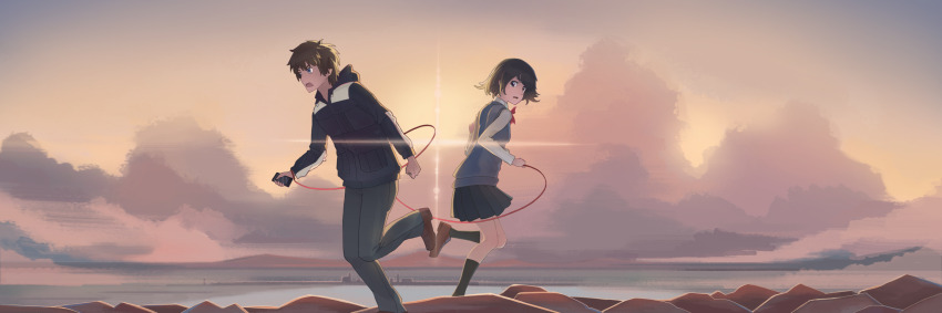 black_hoodie black_pants black_skirt black_socks brown_footwear brown_hair cellphone day evening grey_vest highres holding holding_phone hood hoodie jiachong_jun_z kimi_no_na_wa. kneehighs long_sleeves looking_at_another medium_hair miyamizu_mitsuha outdoors pants phone pleated_skirt running shirt shoes short_hair skirt smartphone socks string string_of_fate tachibana_taki vest white_shirt