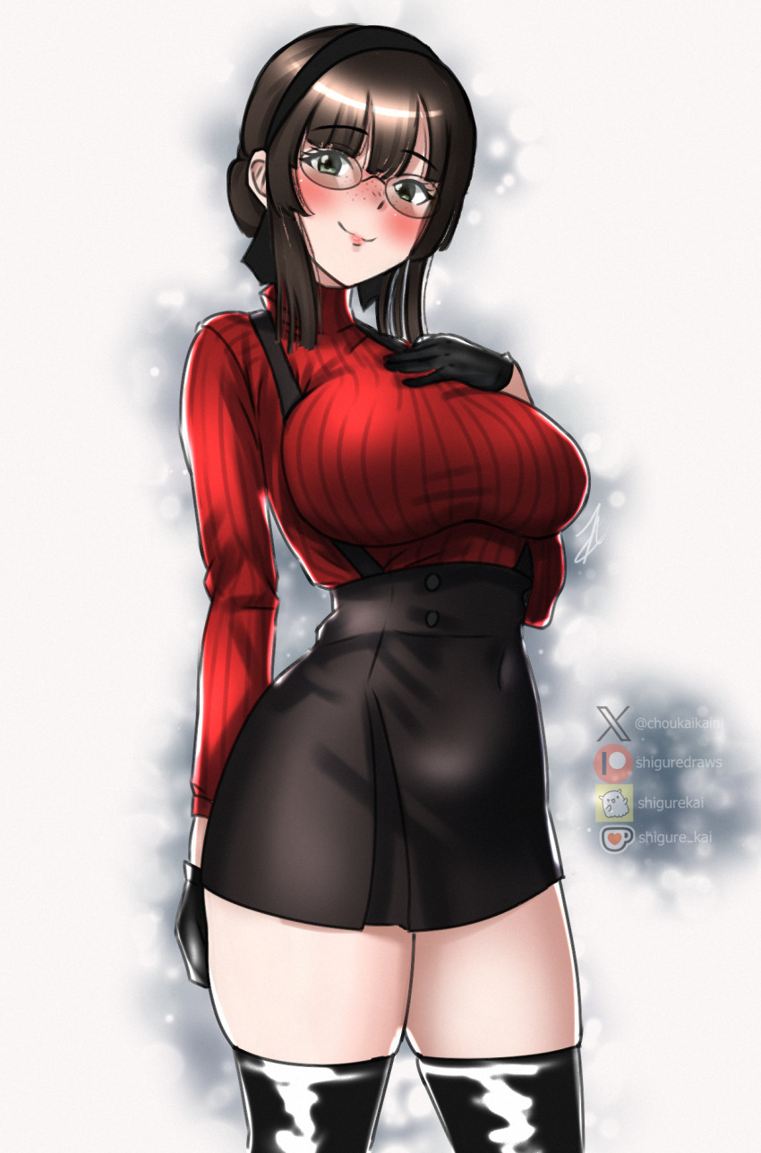 1girl black_gloves black_hairband black_skirt black_thighhighs blunt_sidelocks breasts closed_mouth contrapposto gloves green_eyes hairband hand_on_own_chest high-waist_skirt highres kantai_collection large_breasts long_hair looking_at_viewer mogador_(kancolle) mogador_(saury_festival)_(kancolle) official_alternate_costume one-hour_drawing_challenge overall_skirt red_sweater ribbed_sweater shigure_(choukaikaini) sidelocks skirt smile solo standing suspender_skirt suspenders sweater thighhighs turtleneck turtleneck_sweater white_background