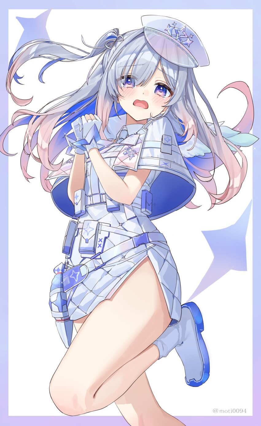 1girl amane_kanata amane_kanata_(heavenly_guard_mission) angel_day angel_wings asymmetrical_bangs belt_pouch blue_border blue_hair blue_necktie blue_wings blush boots border capelet chest_harness collared_dress colored_inner_hair colored_shoe_soles cosplay dress feathered_wings gloves gradient_hair gradient_wings grey_hair hair_over_one_eye harness hashtag-only_commentary hat highres hololive knee_up long_hair looking_at_viewer mini_wings multicolored_hair multicolored_wings necktie official_alternate_costume official_alternate_hair_length official_alternate_hairstyle ogasawara_haruka ogasawara_haruka_(cosplay) one_side_up open_mouth partially_fingerless_gloves peaked_cap pink_hair police police_hat police_uniform policewoman pouch purple_eyes quilted_clothes see-through_clothes see-through_headwear short_dress side_slit skirt sleeveless sleeveless_dress solo standing standing_on_one_leg tearing_up thick_thighs thighs tsukimori_mochi twitter_username virtual_youtuber white_background white_boots white_capelet white_dress white_gloves white_hat white_skirt white_wings wings