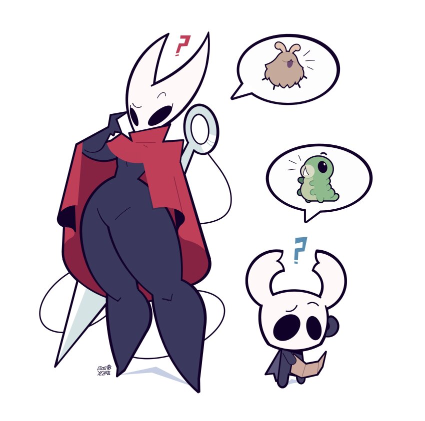 1girl 1other 2025 absurdres arthropod_girl artist_name black_eyes black_skin cloak colored_skin commentary confused curvy english_commentary flea_(hollow_knight) goodbyellow grub_(hollow_knight) highres holding holding_map hollow_eyes hollow_knight hollow_knight:_silksong horned_mask image_in_speech_bubble legs_apart map mask needle_(hollow_knight) red_cloak simple_background size_difference standing thick_thighs thighs thread toon_(style) weapon weapon_on_back white_background white_mask wide_hips