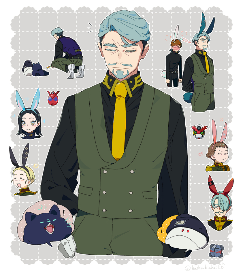 2boys 3girls animal_ear_hairband animal_ears aqua_eyes aqua_hair beanie beard black_hair black_hat blonde_hair border brown_hair challia_bull closed_eyes collared_shirt commentary_request comoli_harcourt facial_hair fake_animal_ears fake_tail gloves gquuuuuux grey_background grid_background gundam gundam_gquuuuuux hair_over_one_eye hairband haro hat highres kinkokin_(haikinkinhai) long_sleeves military_uniform multiple_boys multiple_girls mustache necktie non-humanoid_robot pants pomeranian_(dog) rabbit_ears rabbit_tail rassit red_gundam robot sepha_(gundam) shirt short_hair speech_bubble tail vest white_border xavier_olivette yellow_eyes