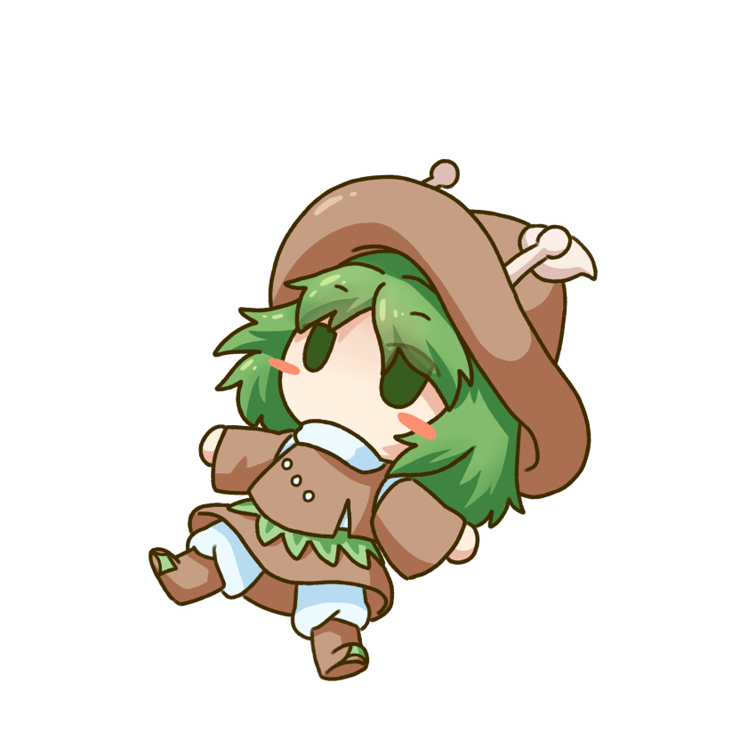 1other absurdres amanomori_shou androgynous antennae baila_kuangzi brown_hat brown_shoes brown_skirt brown_sleeves brown_vest chibi chinese_commentary commentary_request detached_sleeves green_eyes green_hair hat highres len&#039;en lying medium_hair no_mouth no_nose on_back other_focus pants shoes simple_background skirt solo sweater transparent_background vest white_pants white_sweater