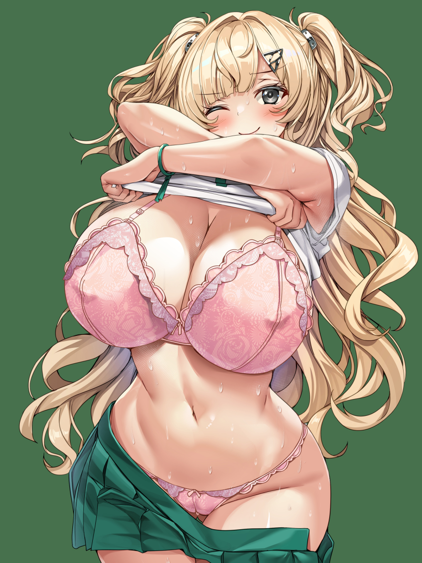 1girl absurdres blonde_hair bra breasts cameltoe cleavage closed_mouth clothes_lift commentary_request covered_erect_nipples green_background green_skirt grey_eyes highres kantai_collection large_breasts long_hair looking_at_viewer minneapolis_(kancolle) minneapolis_(tennis)_(kancolle) navel panties pink_bra pink_panties pleated_skirt shirt shirt_lift simple_background skirt smile solo standing torisan two_side_up underwear undressing white_shirt