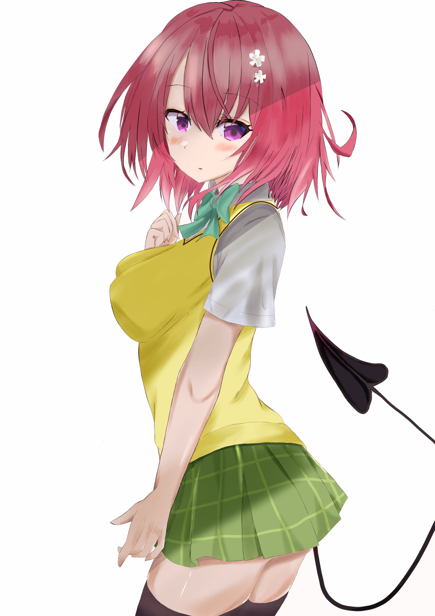 1girl absurdres black_thighhighs bow bowtie breasts collared_shirt demon_tail flower green_bow green_bowtie green_skirt hair_flower hair_ornament highres looking_at_viewer medium_breasts medium_hair midriff momo_velia_deviluke pink_hair plaid_clothes plaid_skirt pleated_skirt purple_eyes sainan_high_school_uniform school_uniform shirt short_sleeves simple_background skirt solo sweater_vest tail thighhighs thighs to_love-ru vest white_background white_shirt yellow_sweater_vest yellow_vest zettai_ryouiki