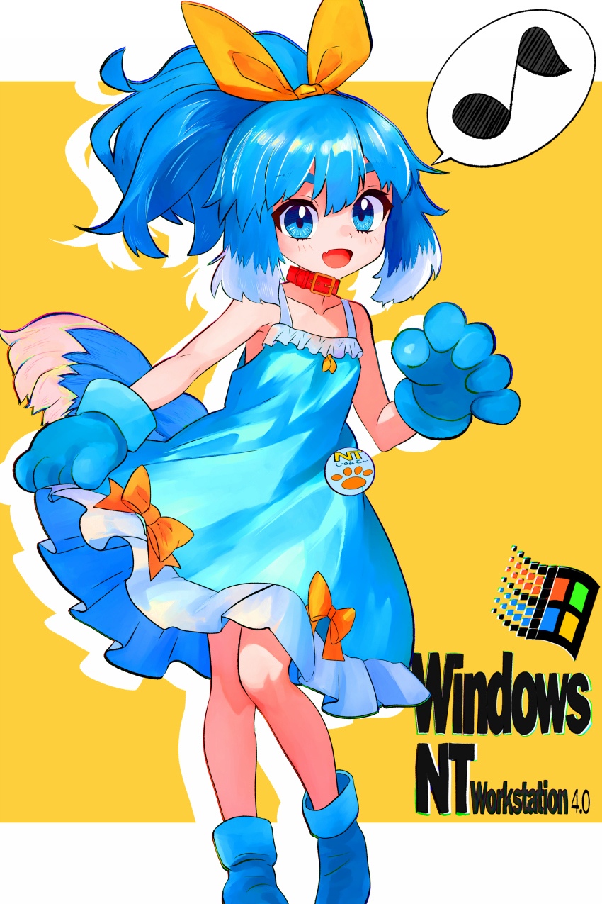 1girl absurdres animal_collar animal_ears animal_hands blue_boots blue_dress blue_eyes blue_gloves blue_hair boots collar dog_ears dog_girl dog_tail dress floppy_ears gloves highres long_hair musical_note nt-tan open_mouth os-tan paw_gloves ponytail ribbon simple_background smile solo spoken_musical_note sundress tail tsukiyono_aroe windows_logo yellow_background yellow_ribbon