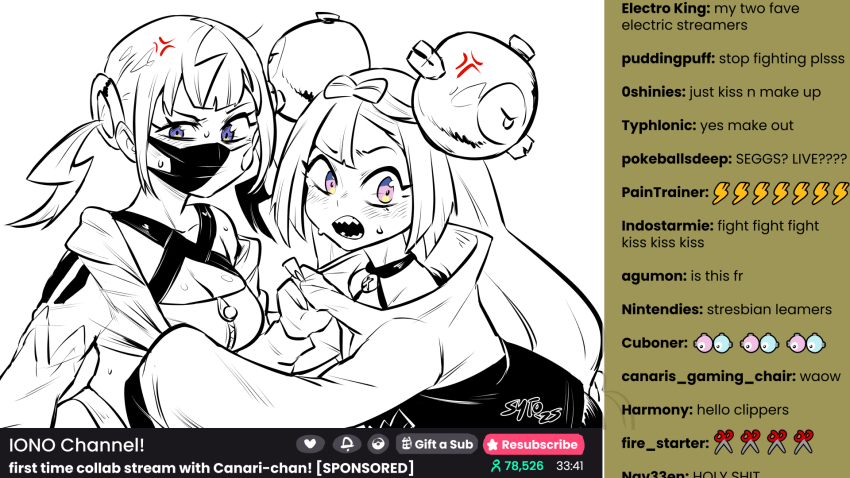 2girls blush bow-shaped_hair canari_(pokemon) character_hair_ornament chat_log gen_1_pokemon hair_ornament highres iono_(pokemon) jacket long_hair long_sleeves magnemite mask mouth_mask multiple_girls nintendo open_mouth pokemon pokemon_legends:_z-a pokemon_sv short_twintails sleeves_past_wrists sweat sytokun teeth twintails two-tone_mask