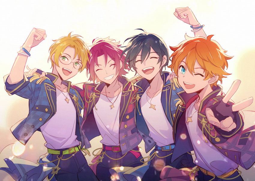 4boys ahoge akehoshi_subaru arm_up black_hair blonde_hair blue_eyes blue_jacket clenched_hand closed_eyes commentary english_commentary ensemble_stars! feng_you fingerless_gloves gloves green_eyes hair_between_eyes half_updo hand_on_another&#039;s_shoulder hidaka_hokuto isara_mao jacket looking_at_viewer multiple_boys open_mouth orange_hair outstretched_arm parted_bangs red_hair red_jacket shirt shirt_tucked_in short_hair smile teeth trickstar_(ensemble_stars!) upper_teeth_only v white_shirt yuuki_makoto_(ensemble_stars!)