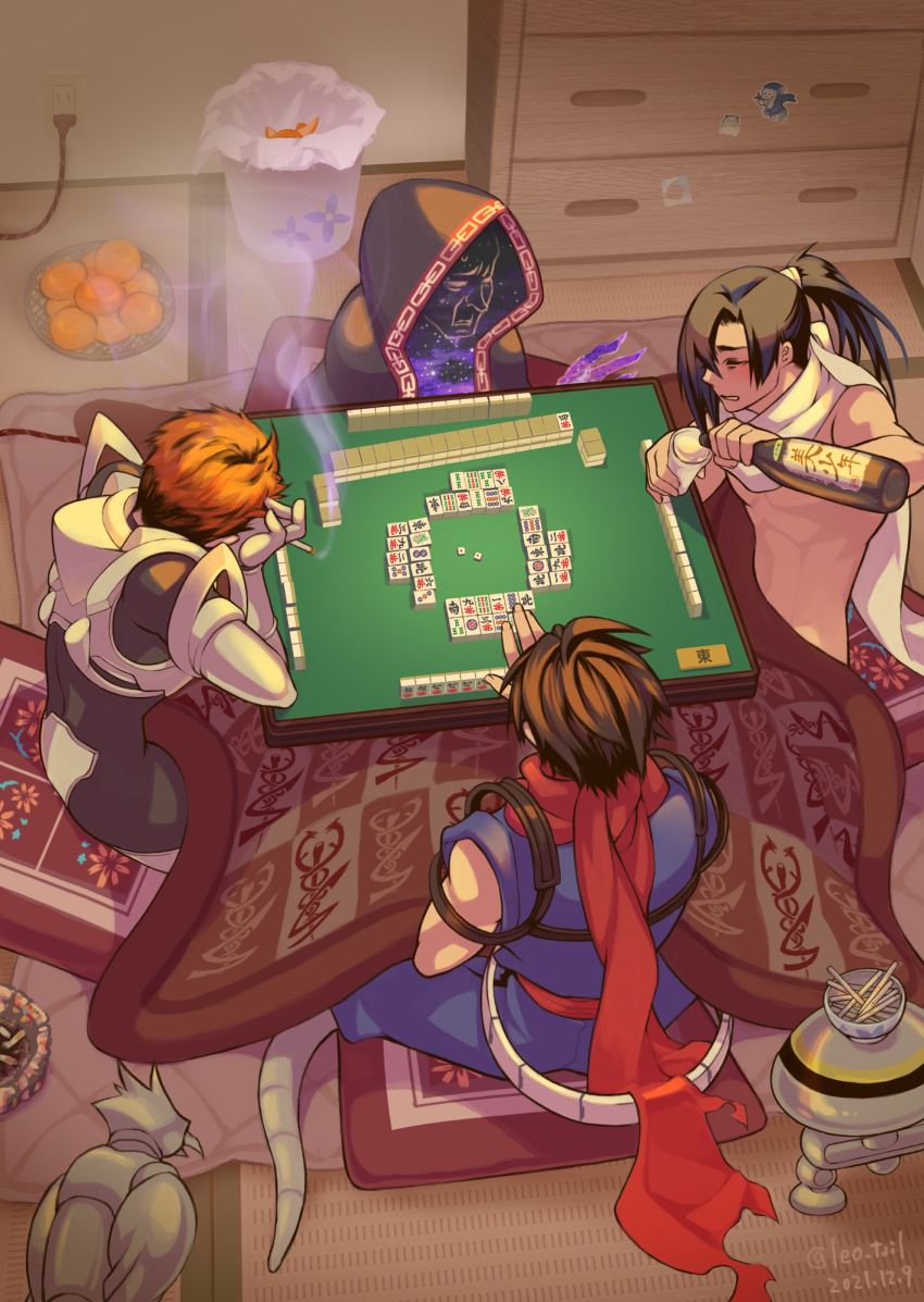 4boys blue_hair brown_hair cigarette closed_eyes dated dipodal_saucer food from_above fruit grand_master_meio hair_between_eyes highres holding holding_cigarette kotatsu leo_tail mahjong mahjong_table male_focus multiple_boys nude orange_(fruit) orange_hair pouring red_scarf scarf short_hair sitting solo_(strider) strider_(video_game) strider_hien strider_hiryuu table twitter_username under_kotatsu under_table white_scarf