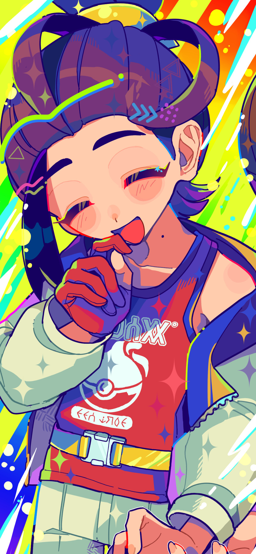 1boy absurdres black_hair blush closed_eyes commentary_request gloves highres jacket kieran_(pokemon) long_sleeves male_focus mochi_(buchumi10) mole mole_on_neck multicolored_hair nintendo open_clothes open_jacket open_mouth partially_fingerless_gloves poke_ball_print pokemon pokemon_sv purple_hair red_gloves red_tank_top shorts single_glove solo_focus sparkle tank_top white_jacket