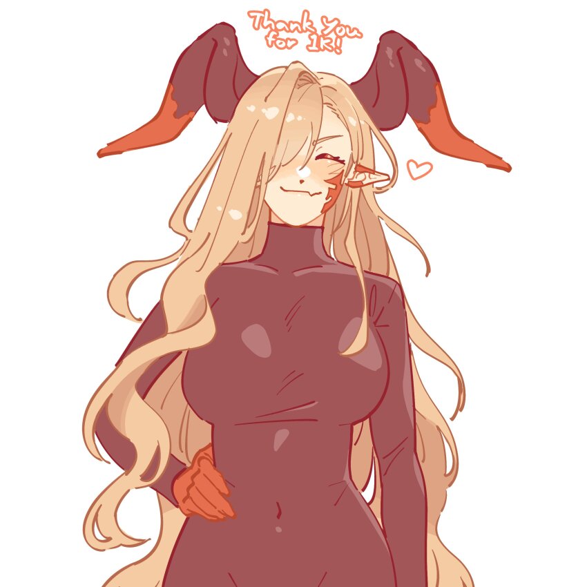 1girl absurdres black_bodysuit blonde_hair bodysuit breasts colored_extremities commentary covered_navel english_commentary english_text fate/grand_order fate_(series) geolucrog heart highres huge_horns large_breasts long_hair nero_claudius_(fate) pointy_ears queen_draco_(fate) red_hands red_scales smile solo turtleneck turtleneck_bodysuit white_background