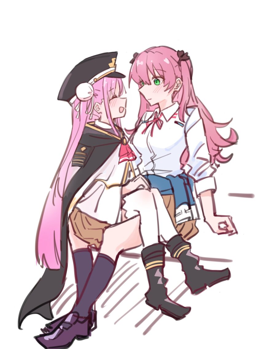 2girls aikawa_megumi breasts clothes_around_waist double_bun green_eyes hair_bun hat heaven_burns_red highres jacket kunimi_tama long_hair long_sleeves military_hat multiple_girls pink_hair rantan_0925 ribbon shirt sitting sitting_on_person skirt two_side_up white_shirt yuri