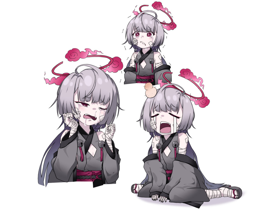 1girl bandaged_arm bandaged_foot bandaged_hand bandaged_leg bandages bell black_nails blue_archive closed_eyes commentary_request crying crying_with_eyes_open fangs gauze gauze_on_cheek grey_hair grey_sleeves halo highres jingle_bell long_hair looking_at_viewer multiple_head_bumps multiple_views obi one_eye_closed open_mouth purple_eyes sash shuro_(blue_archive) sideless_kimono simple_background snot tears trembling unyu-nyu white_background