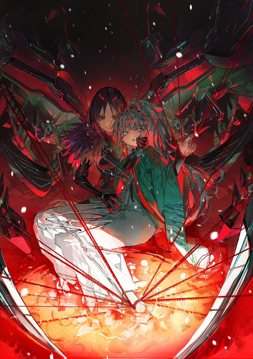 2girls absurdres aqua_haori black_bodysuit black_eyes black_kimono bodysuit fate/samurai_remnant fate_(series) full_body green_eyes hakama haori high_ponytail highres japanese_clothes katana kimono kishimen_hair long_hair looking_at_viewer multiple_girls mura_karuki neon_trim parted_bangs ponytail print_haori sheath sheathed short_hair string sword ushi_gozen_(fate) weapon white_hair white_hakama yui_shousetsu_(fate)