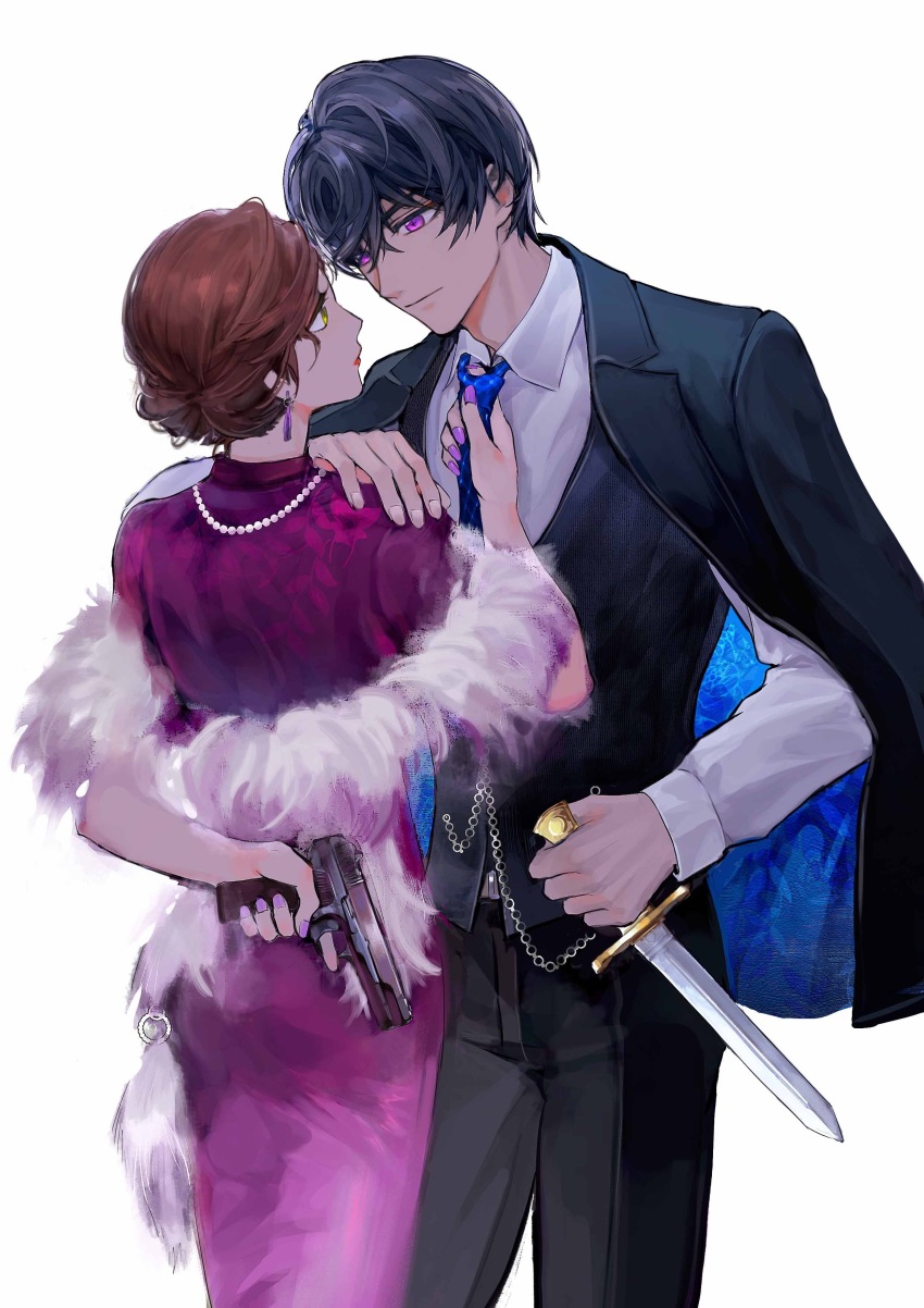 1boy 1girl absurdres black_jacket black_vest blue_necktie brown_hair closed_mouth dagger dress earrings formal_clothes gun handgun highres holding holding_dagger holding_gun holding_knife holding_weapon jacket jewelry knife laoyepo long_sleeves looking_at_another marius_von_hagen_(tears_of_themis) nail_polish necktie pink_nails pistol polo_shirt purple_dress purple_eyes purple_hair rosa_(tears_of_themis) shirt short_hair short_sleeves simple_background tears_of_themis tokarev_tt-33 vest weapon white_background white_shirt