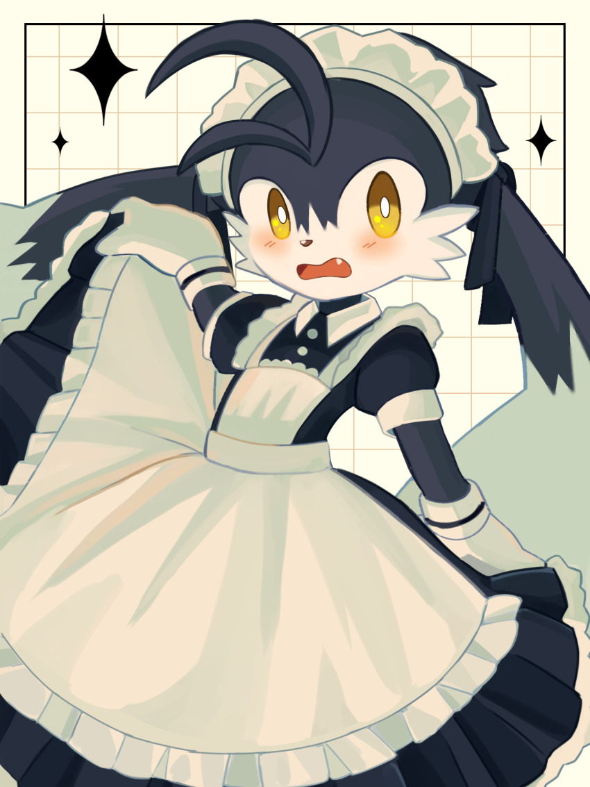 1boy alternate_costume animal_ears animal_nose apron arm_up black_dress black_fur black_ribbon blush border bow bright_pupils buttons cabbit clothes_lift collared_dress commentary cowboy_shot crossdressing crossdressing_(mtf) d: dress dress_lift ear_ribbon enmaided fang four-pointed_star frilled_apron frills furry furry_male grid_background headdress highres kaze_no_klonoa klonoa kuro_(user_uwrm3742) looking_at_viewer maid maid_headdress male_focus open_mouth outside_border pleated_dress puffy_short_sleeves puffy_sleeves ribbon short_sleeves solo star_(symbol) two-tone_fur very_long_ears white_apron white_background white_border white_fur white_headdress white_pupils white_wrist_cuffs wrist_cuffs yellow_eyes