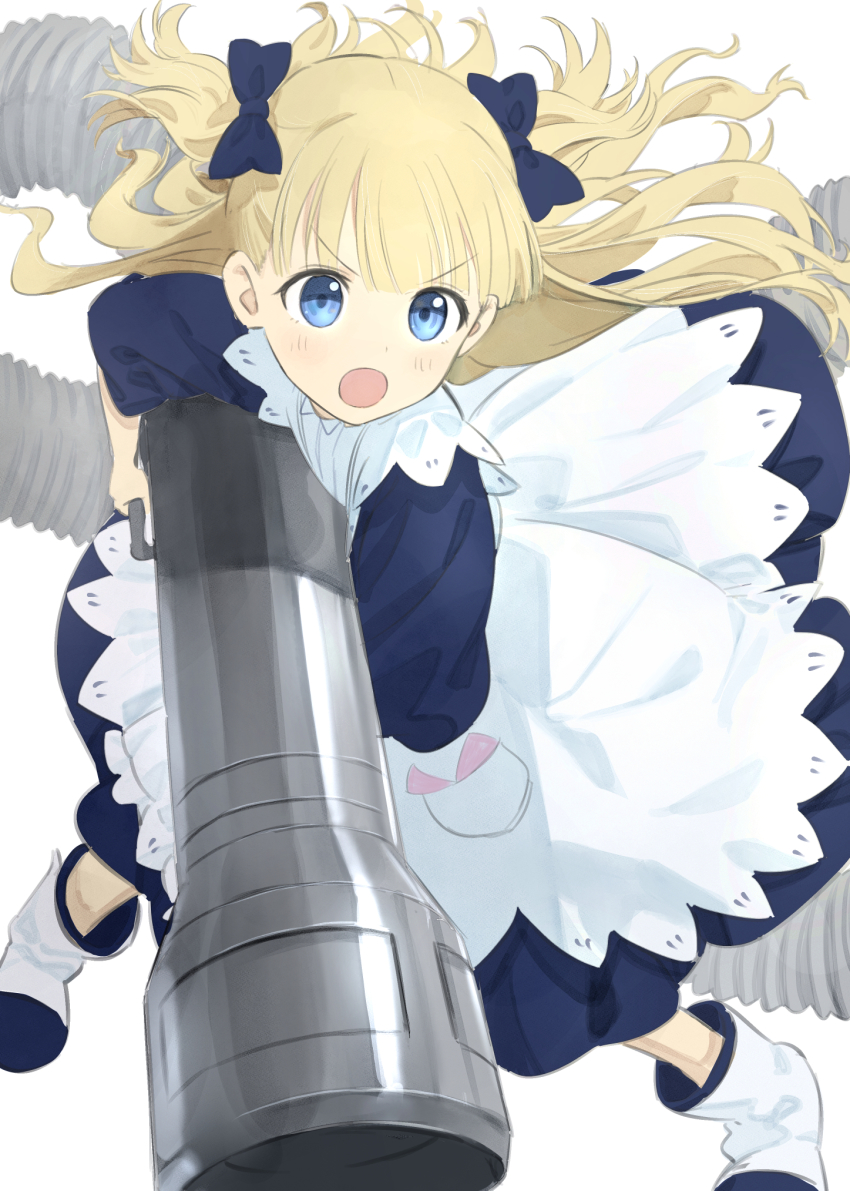1girl blonde_hair blue_bow blue_dress blue_eyes blue_footwear blush bow dress emilico_(shadows_house) grey_background hair_bow highres holding long_hair multicolored_footwear open_mouth shadows_house simple_background solo standing tube v-shaped_eyebrows vacuum_tube wasabi60 white_footwear