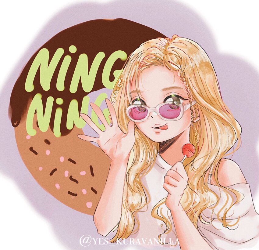1girl aespa artist_name blonde_hair braid brown_eyes candy commentary donut food highres holding holding_candy holding_food holding_lollipop k-pop lollipop looking_at_viewer ningning_(aespa) real_life shirt solo sunglasses tongue tongue_out twitter_username upper_body white_shirt yes_kuravanilla