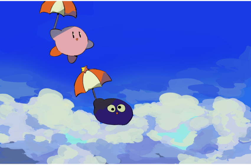 blue_sky cloud cloudy_sky gooey_(kirby) kirby kirby&#039;s_dream_land_3 kirby_(series) nintendo parasol sky soumenhiyamugi umbrella