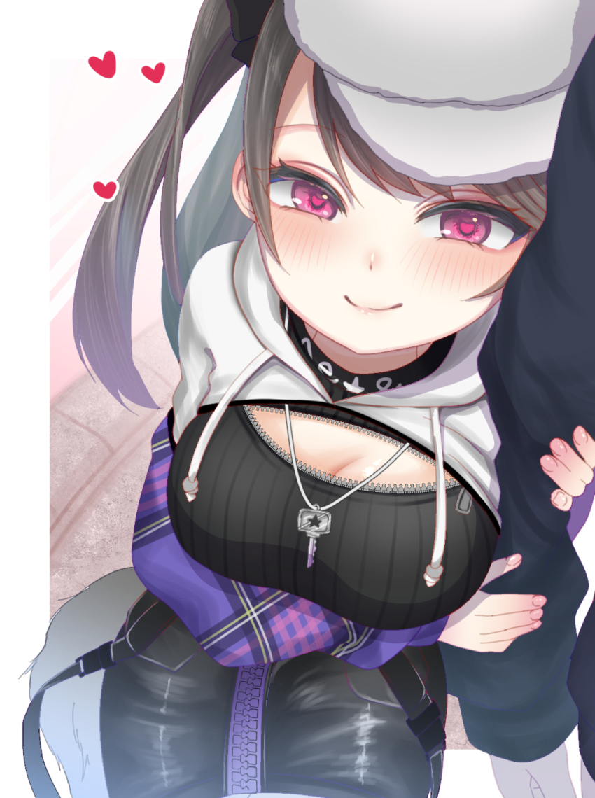 1boy 1girl arm_hug azur_lane blush breasts brown_hair cleavage hat heart heart-shaped_pupils highres inamics jewelry key key_necklace large_breasts long_hair necklace pamiat_merkuria_(azur_lane) pamiat_merkuria_(chic_and_cheeky)_(azur_lane) pantyhose pink_eyes shrug_(clothing) side_ponytail smile solo_focus symbol-shaped_pupils zipper
