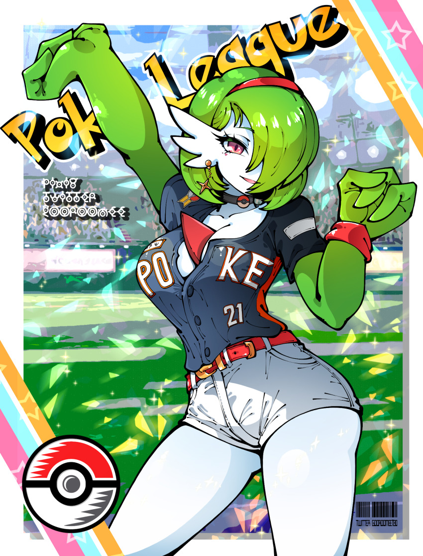 1girl arm_up artist_name barcode belt black_choker blue_shirt bob_cut border breasts choker cleavage clothed_pokemon clothes_writing collarbone colored_skin cowboy_shot earrings english_text facial_mark female_focus gardevoir gen_3_pokemon gooroomee green_hair green_skin hair_over_one_eye hairband half-closed_eyes hand_up happy heart highres jewelry large_breasts looking_at_viewer micro_shorts mole mole_under_eye multicolored_skin nintendo one_eye_covered open_mouth outside_border personification pixiv_username pocket poke_ball_symbol pokemon pokemon_(creature) pokemon_swsh red_eyes red_hairband shirt shirt_tucked_in short_hair short_sleeves shorts smile solo stadium standing star_(symbol) star_earrings thighs twitter_username two-tone_skin unownglyphics white_border white_shorts white_skin wristband