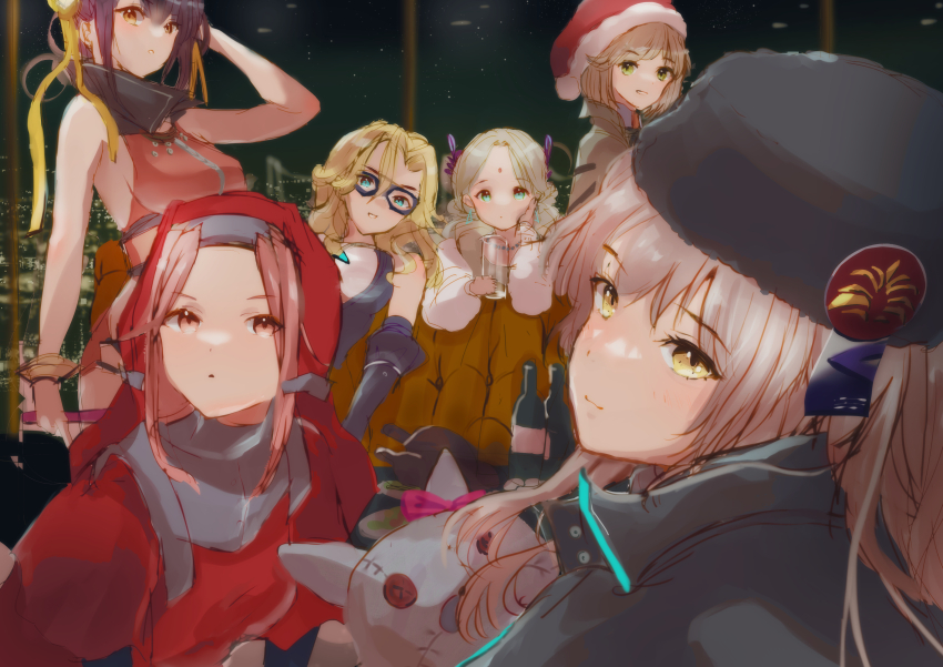 6+girls absurdres bindi black_hair blonde_hair blue_eyes breasts brown_capelet capelet carole_reaper charlotta_skopovskaya chest_harness china_dress chinese_clothes coat deerstalker dress earrings eye_mask fur_hat green_eyes grey_hair harness hat heaven_burns_red highres holding irene_redmayne jewelry large_breasts li_yingxia long_hair looking_at_viewer maria_de_angelis multiple_girls no53_(pixiv_77486930) nun parted_bangs pelvic_curtain red_eyes red_hair ribbon santa_hat short_hair stuffed_animal stuffed_cat stuffed_toy team_31x_(heaven_burns_red) triangle_earrings twintails ushanka veil vritika_balakrishnan yellow_eyes yellow_ribbon
